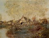 Jean Francois Raffaelli Paintings - Feeding the Ducks Along the Canal by Jean Francois Raffaelli